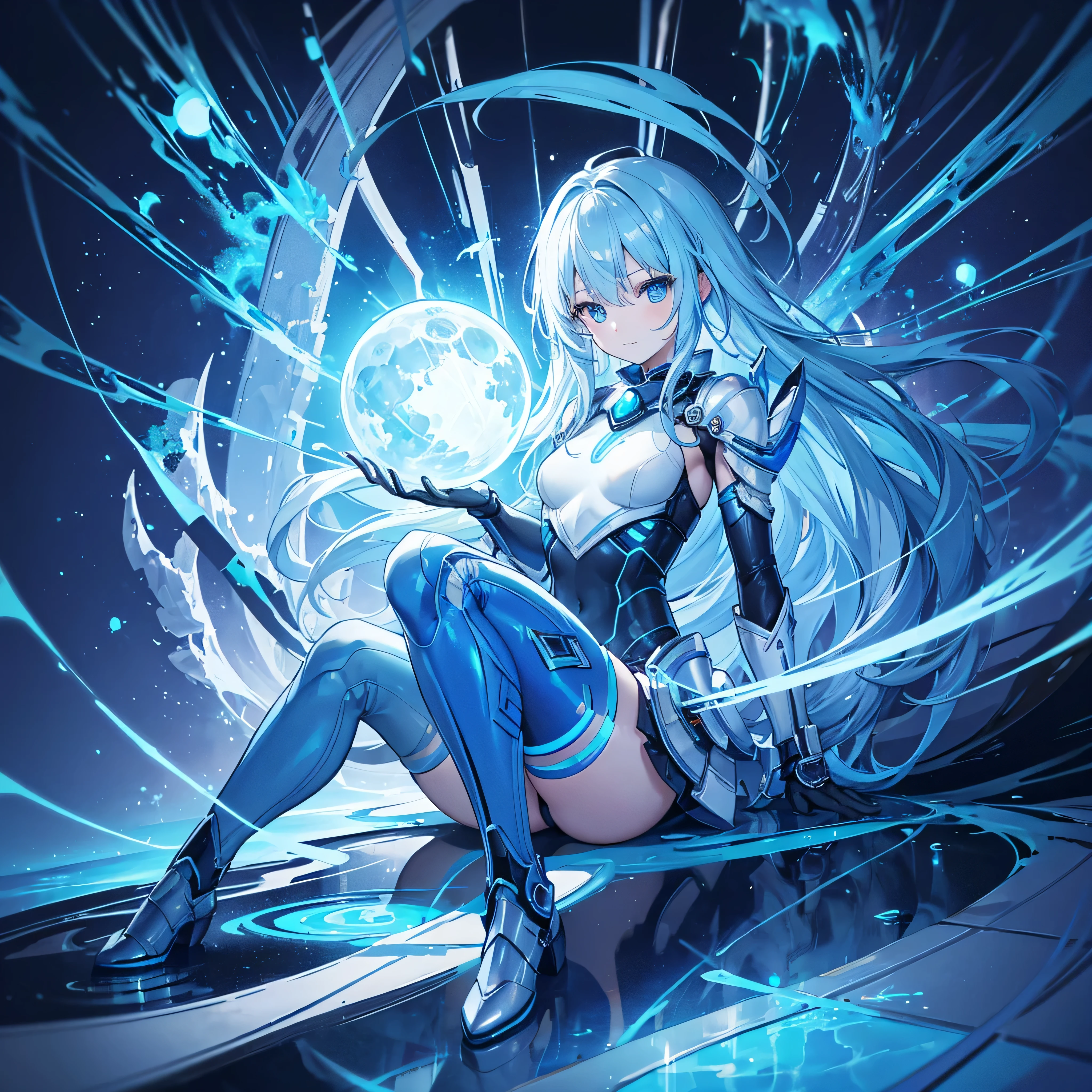8K, Highest quality, (real:1.4), Original photo, 1 girl, Asari Hair, Biological Amplifier, Very sleek and futuristic armor, posture: Peace talks between warring factions,,attention arousal, smart blue eyes,A modest smile,Knee-high boots,Patent-look blue tights,Blue big moon and blue light swirl in the background,Blue light from behind,blue light magic,A small, glowing blue ball in the palm of your hand,Blue flame swirl,Blue Comet,Polished floor,