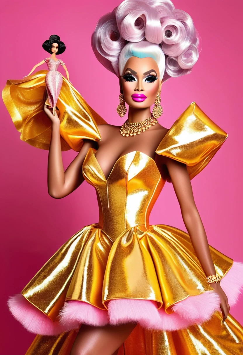 
araffe dressed in a gold dress and pink dress holding a doll, drag queen, drag, inspired by Peter Alexander Hay, inspired by Myra Landau, would you let me dress you, barbie, expensive voluminous dress, inspo, patron saint of 🛸🌈👩🏾, her wardrobe is attractive, inspired by Tommaso Dolabella