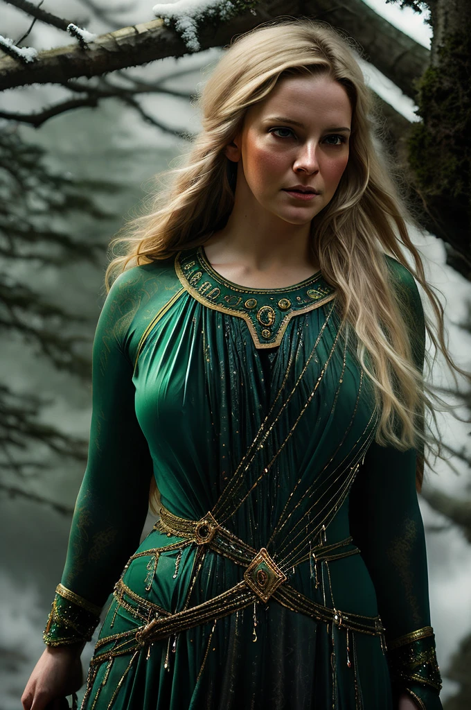 portrait painting of 1girl, 45 years old Woman, thick figure, heavy physique, erotic fantasy, erotic costumes, massive breast, wide hips, Full figured woman, galadriel, elf, blonde hair, blue eyes, green dress,detailed skin, fantasy, snowy nordic forest, modelshoot style, (extremely detailed CG), photo of beautiful artwork, (Antonio Moro), (Jeremy Mann), High Detail, Sharp focus, dramatic, oil painting, realistic  