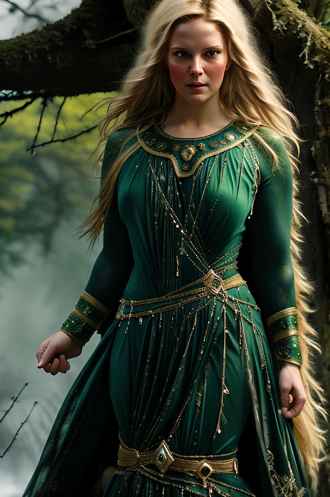 portrait painting of 1girl, 45 years old Woman, thick figure, heavy physique, erotic fantasy, erotic costumes, massive breast, wide hips, Full figured woman, galadriel, elf, blonde hair, blue eyes, green dress,detailed skin, fantasy, snowy nordic forest, modelshoot style, (extremely detailed CG), photo of beautiful artwork, (Antonio Moro), (Jeremy Mann), High Detail, Sharp focus, dramatic, oil painting, realistic  