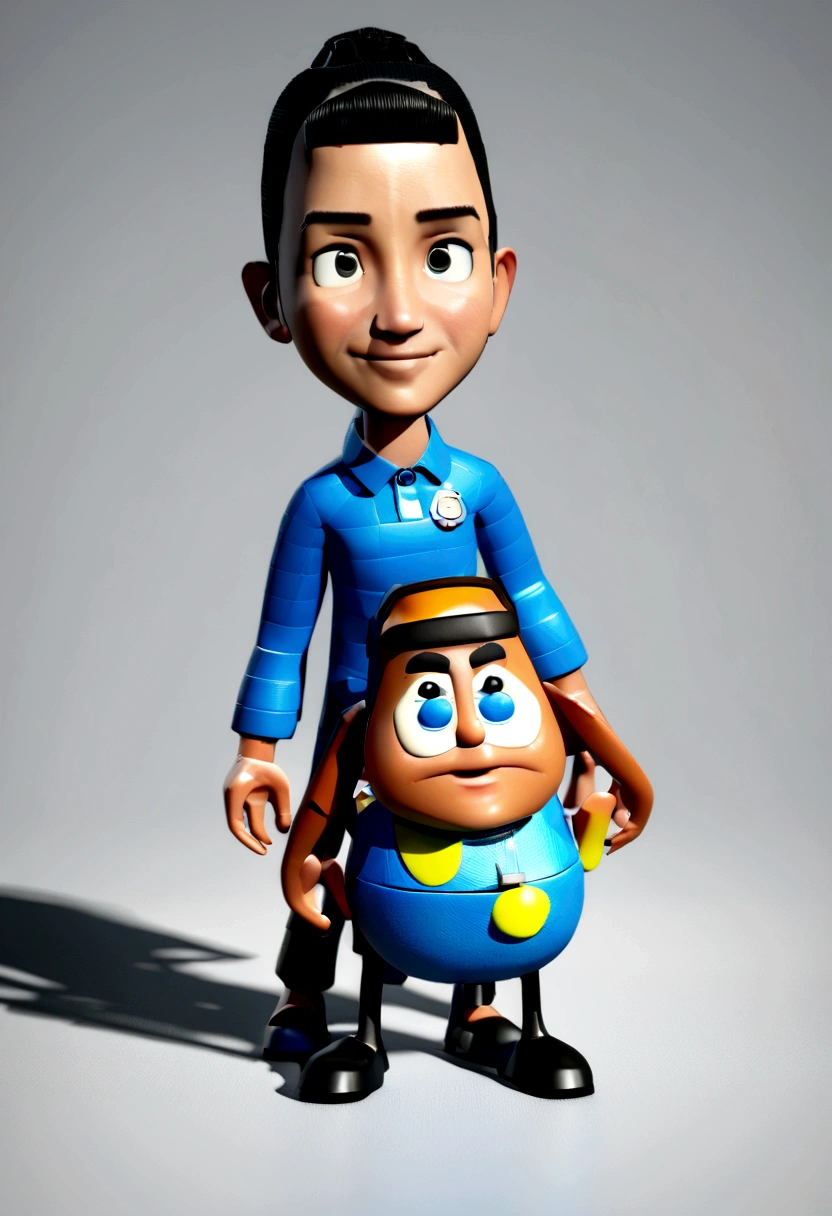 Cartoon character of a man in blue pen polo shirt, chubby with black hair and slightly shaved sides, with bangs thrown to the side but not too long, eyes browns, closed beard, with a caramel dog on your lap, straight smile with thin lips showing top teeth, animation character, 3d stylized, Stylized 3D rendering, toon render screenshot, 3d character, 3d character, Stylized 3D rendering, 3D character rendering, cartoon character, Funnily character,White background, (esrtilo cartoon) (personagem da disney) (Pixar-style) (best qualityer) (skin detailed) (detailed texture) (8K)