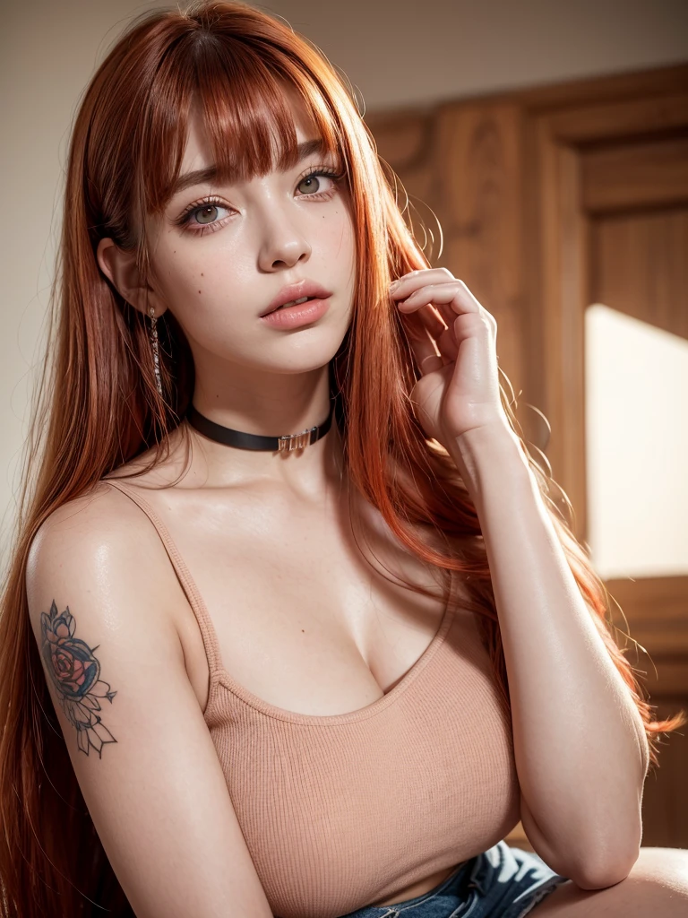 1girl, alone, solitary, high quality, (best quality,4k,8k,highres,masterpiece:1.2),ultra-detailed,(realistic,photorealistic,photo-realistic:1.37),gorgeous hair,red hair, red long straight hair with bangs,puffy eyes,mole on the cheek,plump lips,jewelry,(high detailed skin:1.4),(rim lighting:1.3),(lit:1.3),(sunny day:1.3),portrait,beautiful lips,waist-length hair,seductive gaze,moles,casual clothes,colorful clothing,close up,really long hair,choker necklace,tattoos,tattooed,light eyes,bangs,fringe,20 year old,dimples on the cheeks,dimples,orange hair,sharp eyebrows,redhead