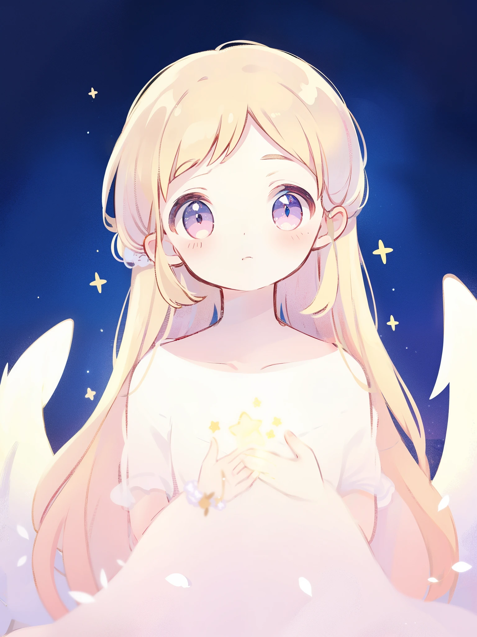 angel girl wearing an ethereal translucent dress, pale skin and light pink hair, white feathers, angel wings, sparkling detailed eyes, golden ratio face, perfect composition, highly detailed, ethereal, (starry night sky background), midjourney style