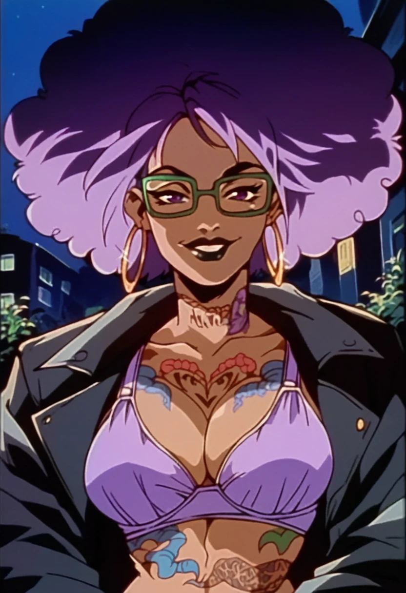 beautyful brown woman, brown skin, black skin, huge full afro purple hair, black lipstick, full lips, purple bra, purple eyes, black motorcyclist jacket, hoop earring, green glasses, dragon tattoo, night, naughty smile
