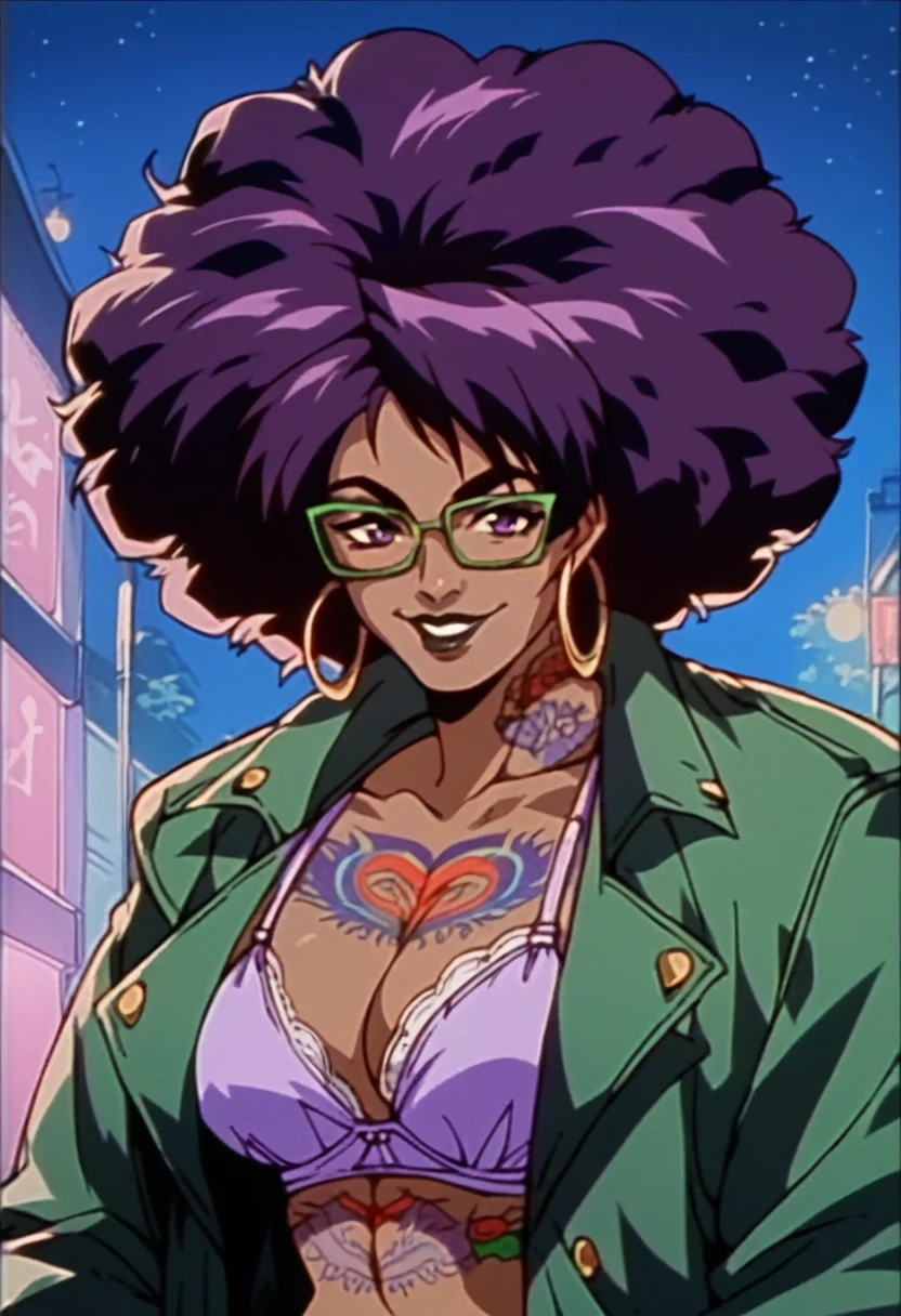 beautyful brown woman, brown skin, black skin, huge full afro purple hair, black lipstick, full lips, purple bra, purple eyes, black motorcyclist jacket, hoop earring, green glasses, dragon tattoo, night, naughty smile
