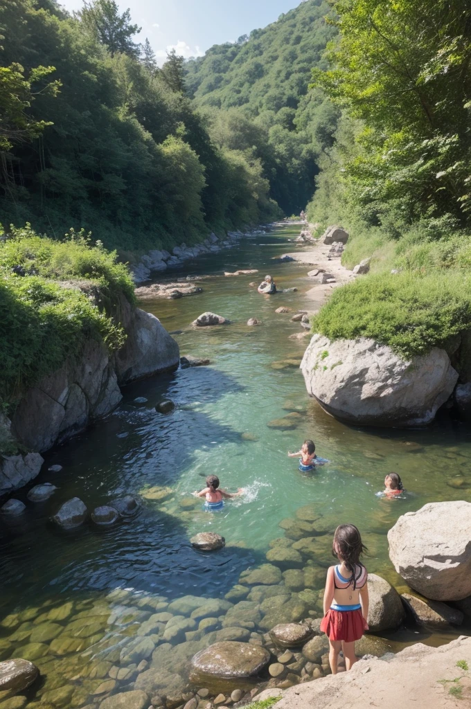 a place where the river current formed a natural pool with some pebbles, around trees and 5 happy children, 8 year old girls, playing in the water 