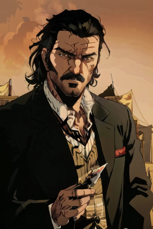 DutchRDR, 1boy, male focus, facial hair, solo, red background, black hair, shirt, beard, formal, jacket, holding, suit, knife, necktie, white shirt, black jacket, scar, looking at viewer, blood, mustache, long sleeves, collared shirt, manly, tattoo, closed mouth
