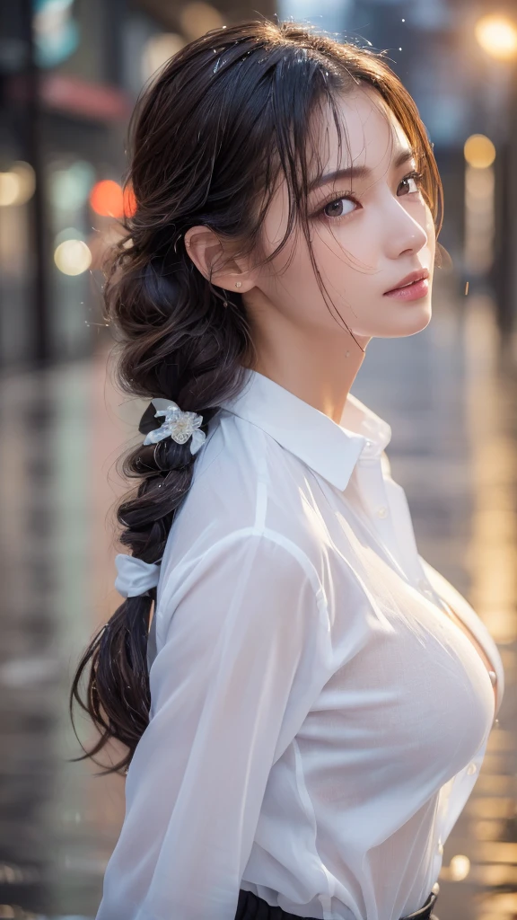 ((Highest quality, 8K, masterpiece: 1.3)), sharp: 1.2, Perfect Body Beauty: 1.4, Slim Abs: 1.2, ((Layered Hairstyles, Big Breasts: 1.2)), (Wet White Button Long Shirt: 1.1), (rain, street: 1.2), Wet: 1.5, Highly detailed face and skin texture, Fine grain, double eyelid, Profile looking at the camera