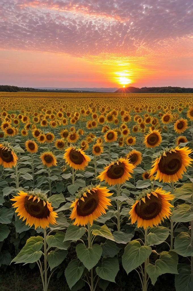  Sunflowers field  and a pink sunset 