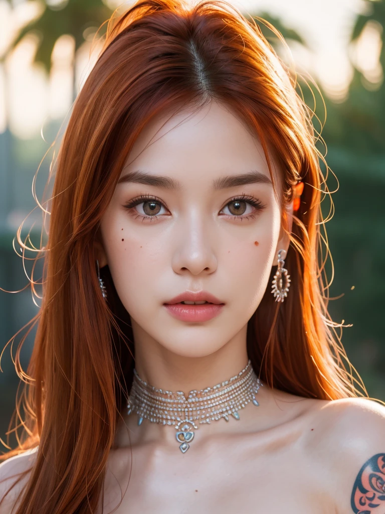 1girl, alone, solitary, high quality, (best quality,4k,8k,highres,masterpiece:1.2),ultra-detailed,(realistic,photorealistic,photo-realistic:1.37),gorgeous hair,red hair, red long straight hair with bangs,puffy eyes,mole on the cheek,plump lips,jewelry,(high detailed skin:1.4),(rim lighting:1.3),(lit:1.3),(sunny day:1.3),portrait,beautiful lips,waist-length hair,seductive gaze,moles,casual clothes,colorful clothing,close up,really long hair,choker necklace,tattoos,tattooed,light eyes,bangs,fringe,20 year old,dimples on the cheeks,dimples,orange hair,sharp eyebrows,redhead