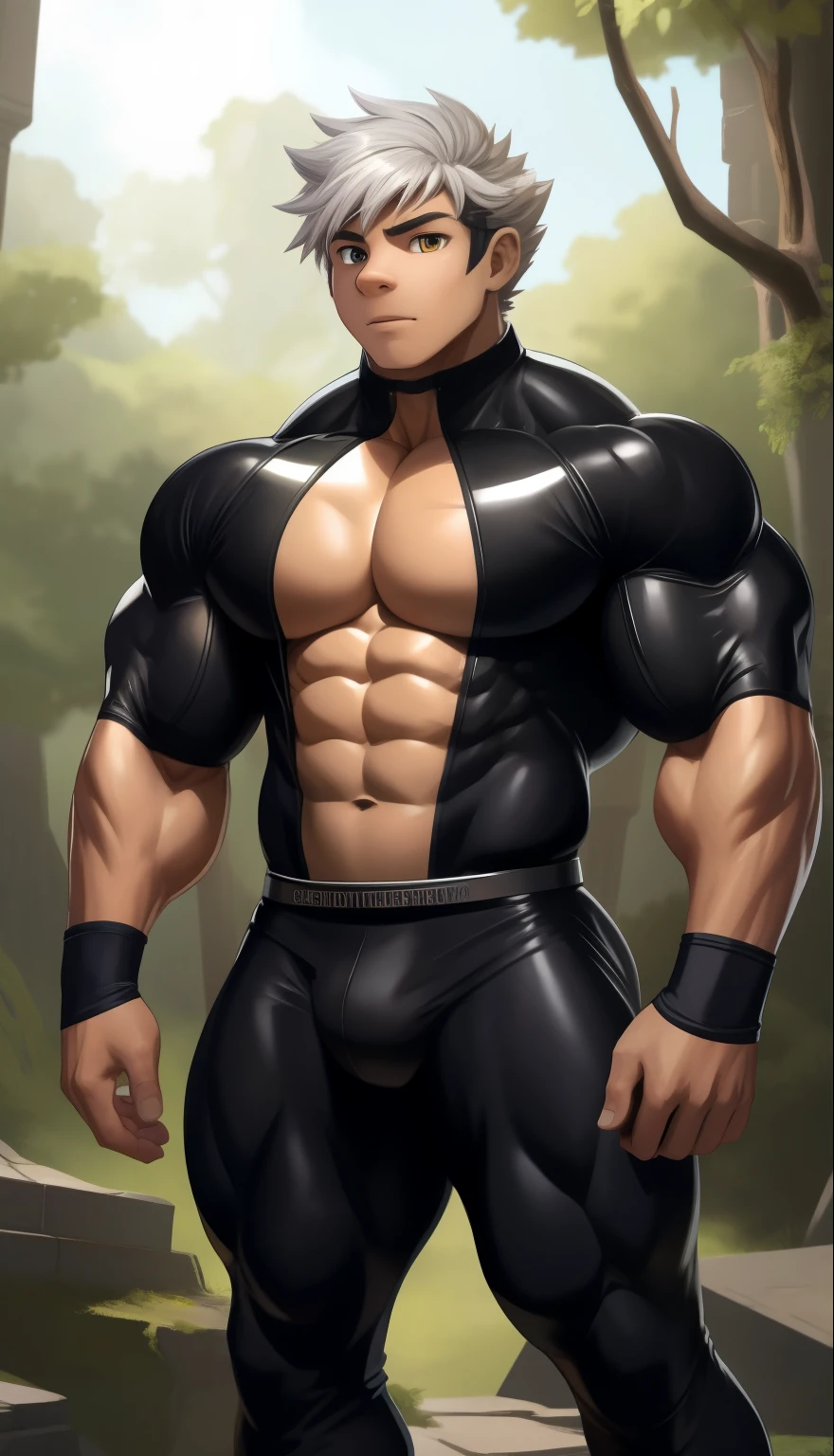 A ( face) 15 year old teen (15 yearsttractive boy, standing, full body. Mexican ethnicity. tanned skin, silver white hair, short hair bangs that fall on both sides of his youthful face. carefree expression, young man, alone, marked muscles, beautiful musculature, aesthetic stretch marks, inspiring physique, slender muscles, square pecs, beautiful V-cone, excellent abs and torso, chiseled abs, pectorals chiseled, perfect massive muscles, inflated muscles, voluminous pectorals, massive muscular body, a huge gigantic chest with a narrow waist, huge shoulders, ridiculously well-shaped large pecs, eight chiseled abs, (very toned and huge) with his military haircut and voluminous neck, narrow waist, golden eyes, young face, beautiful, young. Teen muscular young builder with extraordinary and firm back, chiseled muscles, rhomboid muscles, latissimus dorsi. Gigachad. he wears a Use Vegeta's training suit. A tight one-piece suit from the neck to the ankles, black in color, the suit has no sleeves, it does not use a belt. The black shirt and pants are a single piece of clothing, the shirt has a U neck, has no sleeves and highlights his prominent abdominals and pectorals. He doesn't wear a belt. His muscles stand out. He wears white gloves on his hands, and white boots. Ruins of a Jedi temple with forest background. standing, full body. (((Back))) huge firm muscular thighs, round buttocks and round butt with back, huge ass ((firm buttocks)) with big booty. (((black clothes)))