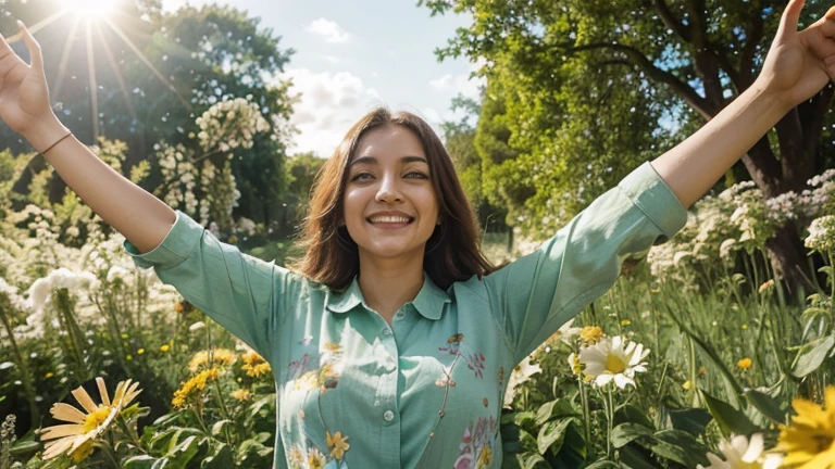 An image of a person with open arms, in a natural environment, with the sun shining and flowers blooming around them. Vibrant and cheerful tones, with a touch of green to represent nature and growth