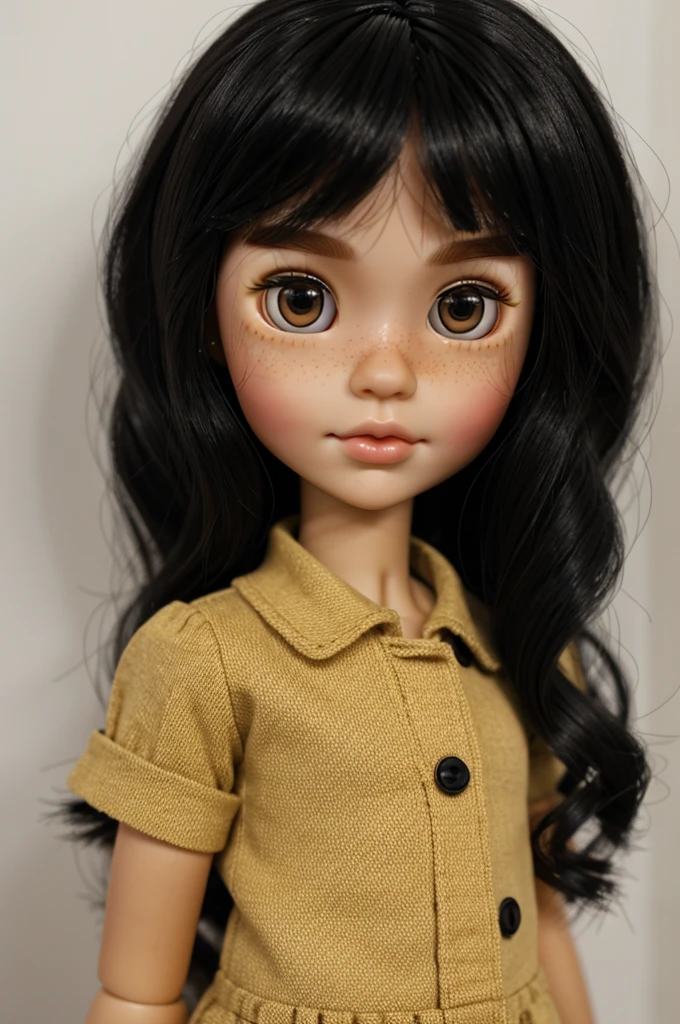 Blythe doll with brown skin , small and V face  , medium and dark brown eyes , small nose and mouth 