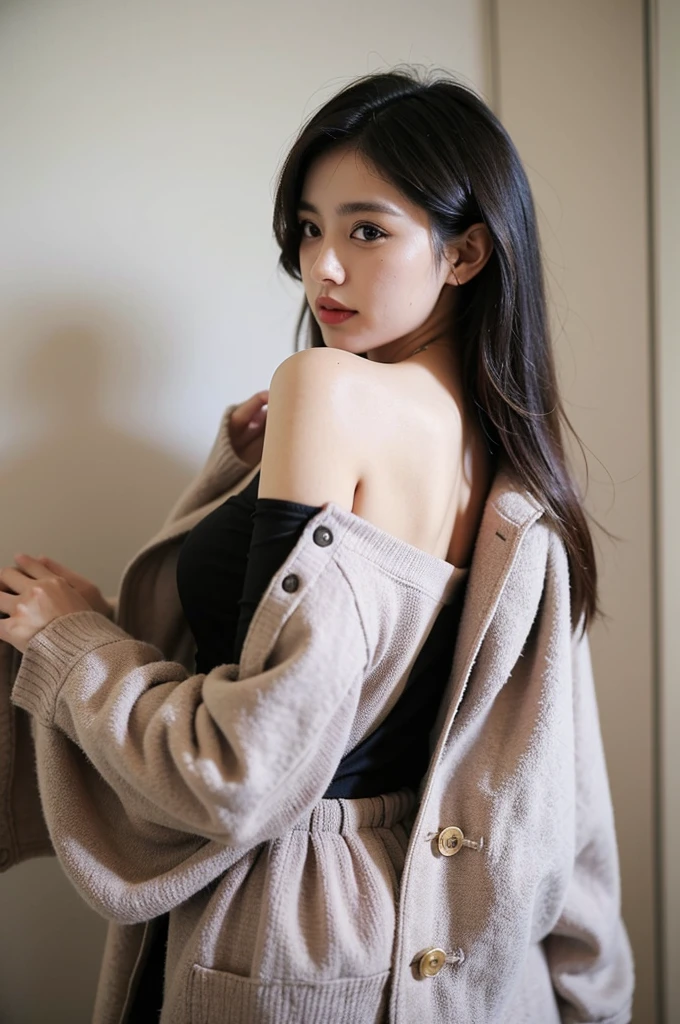 8K Ultra HD, high quality , Beautiful woman ,blue eyes, 15 years old, Pale skin、Super big breasts、Facing forward、Sexy Body, Office Lady、Black sexy lingerie、,Super big butt、Jacket、1 boy, pov hands, grab breasts