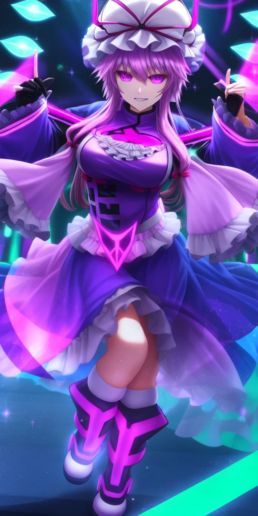 yukari yakumo
mob cap
tabard dancing Melbourne Shuffle harstyle wearing a LED purge masks with visible and neon rave gear