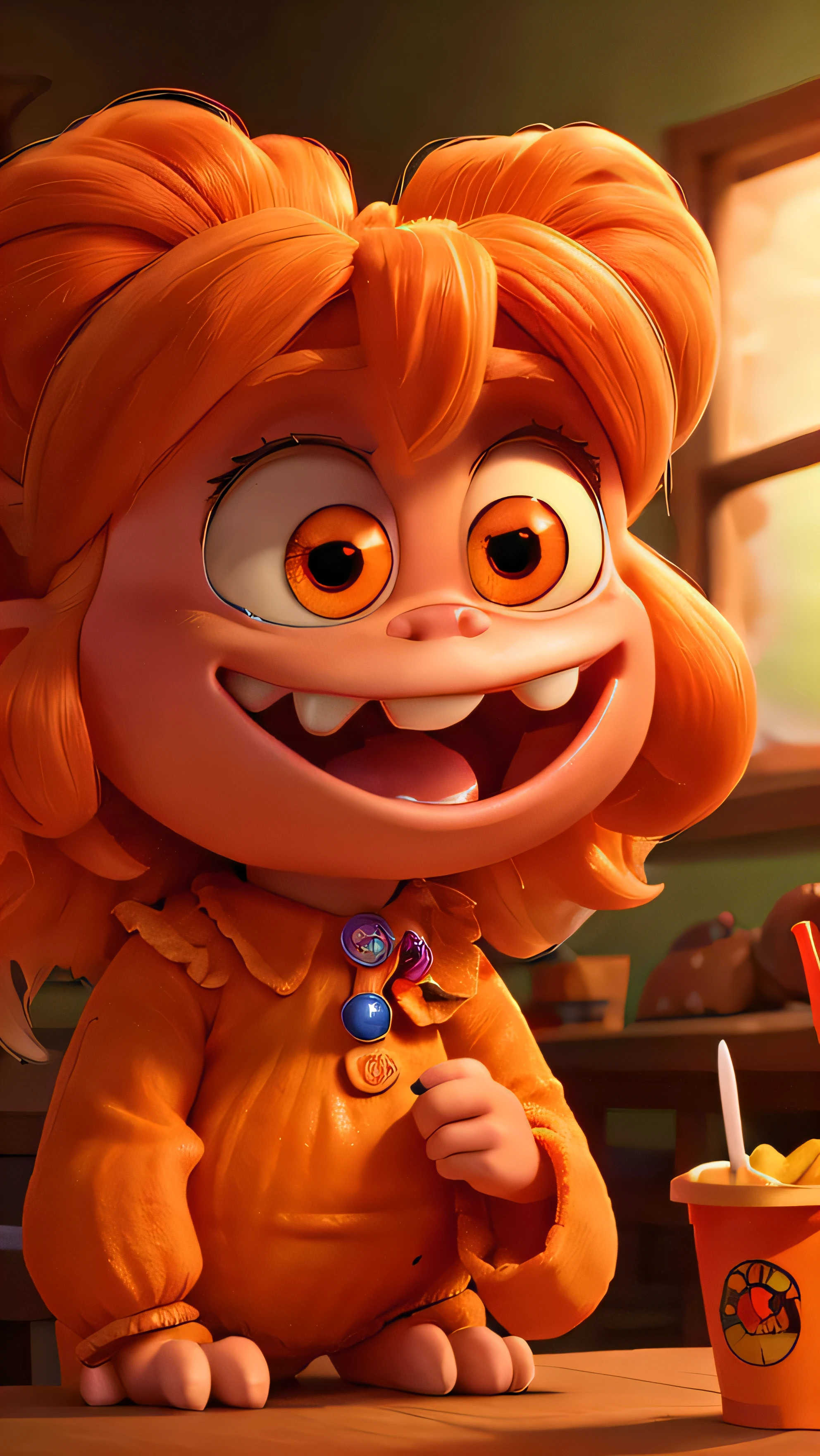 An ugly orange-skinned monster, straight orange hair with barrettes in the hair, round teeth, wide eyes, extremely large mouth, her hands holding a burger and fries, pointy ears