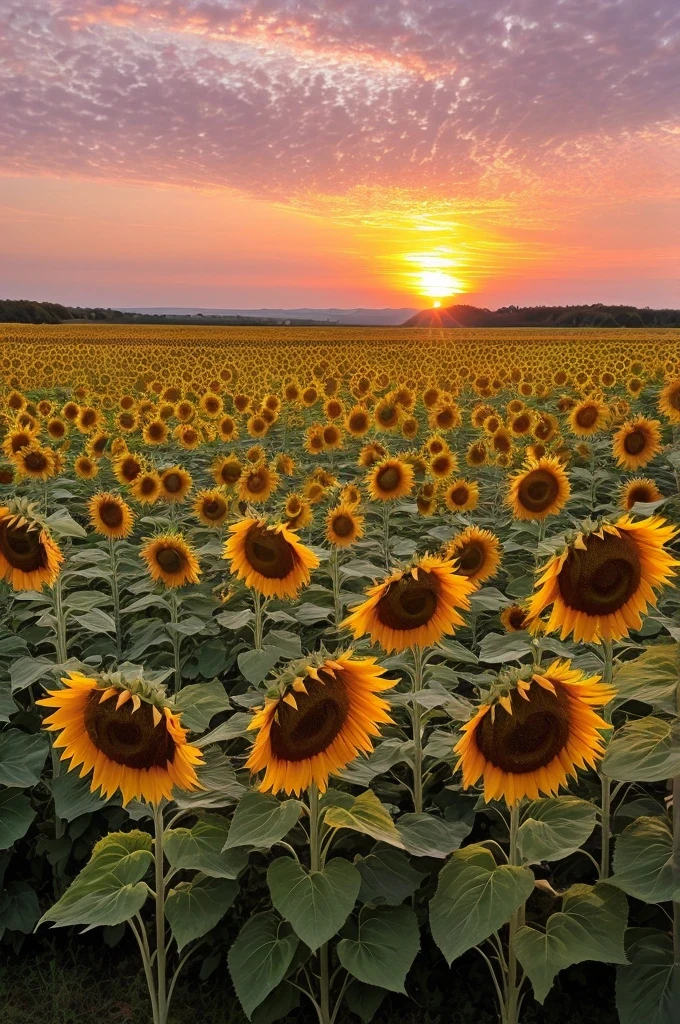 Sunflowers field and a pink sunset