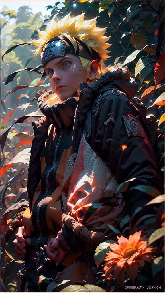(best quality), (masterpiece), ultra-detailed, 1boy, uzumaki naruto, epic pose, action, particle effects, long sleeve, emphasis lines, movement lines, full body of naruto uzumaki, masterpiece, best quality, full detailed, 1boy, handsome, male, looking at viewer, naruto, Detailed blue eye,yellow hair, konoha realistic detail leaf headband, eye realistic, realistic eye brow, nose realistic, mouth realistic,skin realistic, face realistic, head realistic, body realistic, background art cinematic, backpack, big eye sharp, photorealistic, photoshoot, only three line in face, naruto uzumaki dress code. electricity , aura, conbat in the forest vs samurai 1.4 , combat in the forest bamboo