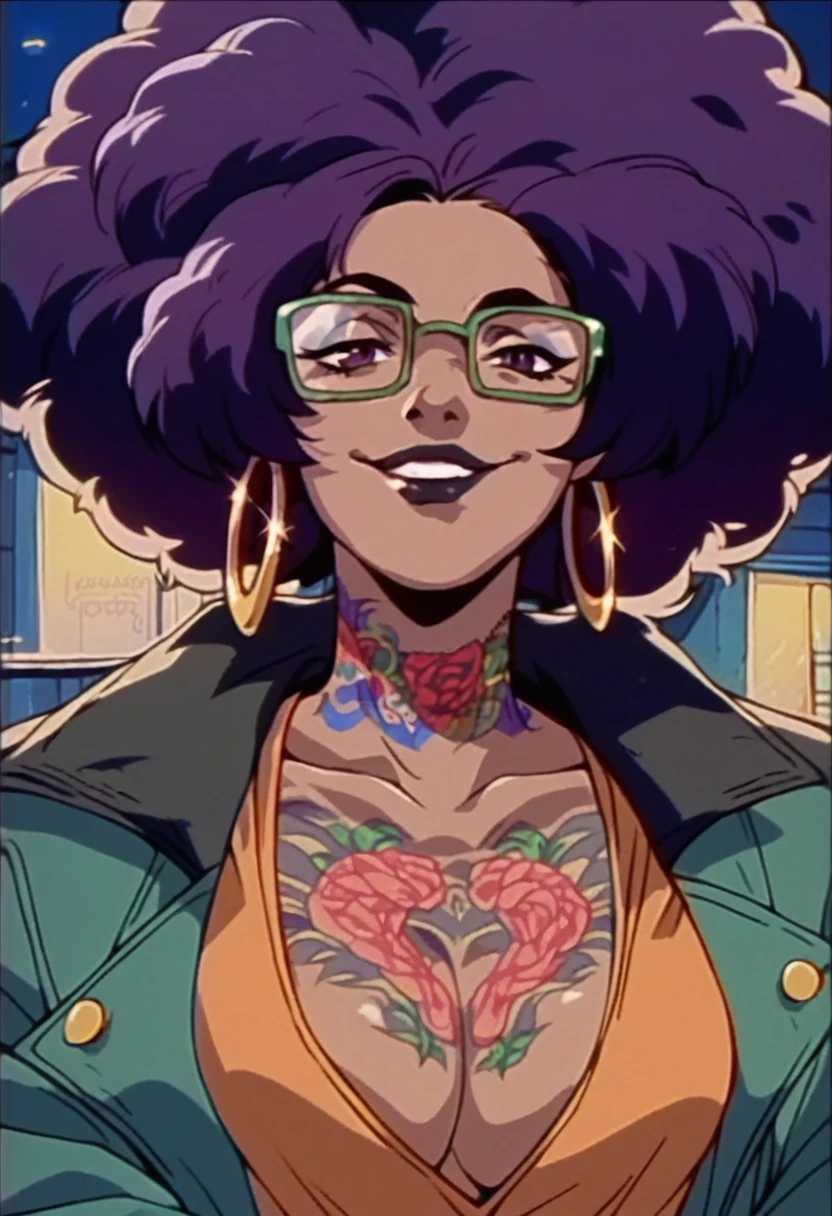 beautyful brown woman, brown skin, black skin, huge full afro purple hair, black lipstick, full lips, purple top, purple eyes, black motorcyclist jacket, hoop earring, green glasses, dragon tattoo, night, naughty smile
