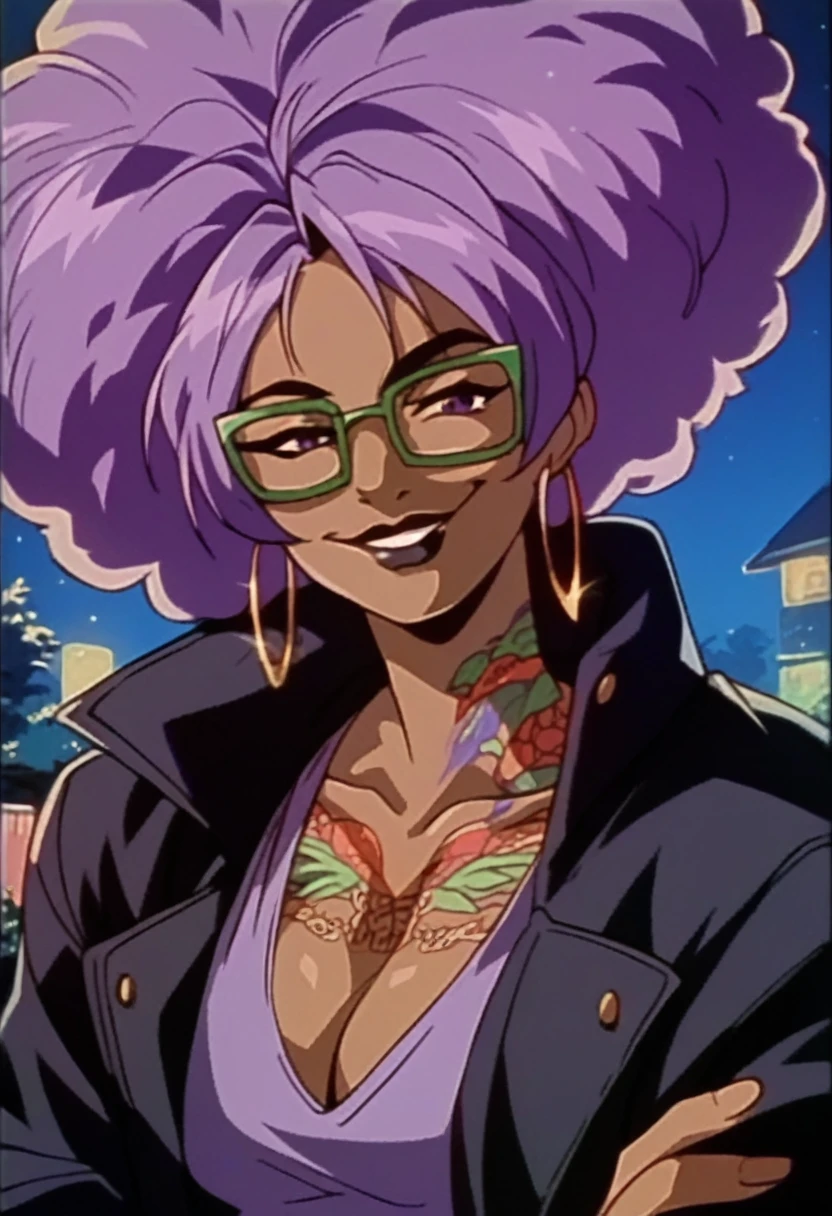 beautyful brown woman, brown skin, black skin, huge full afro purple hair, black lipstick, full lips, purple top, purple eyes, black motorcyclist jacket, hoop earring, green glasses, dragon tattoo, night, naughty smile