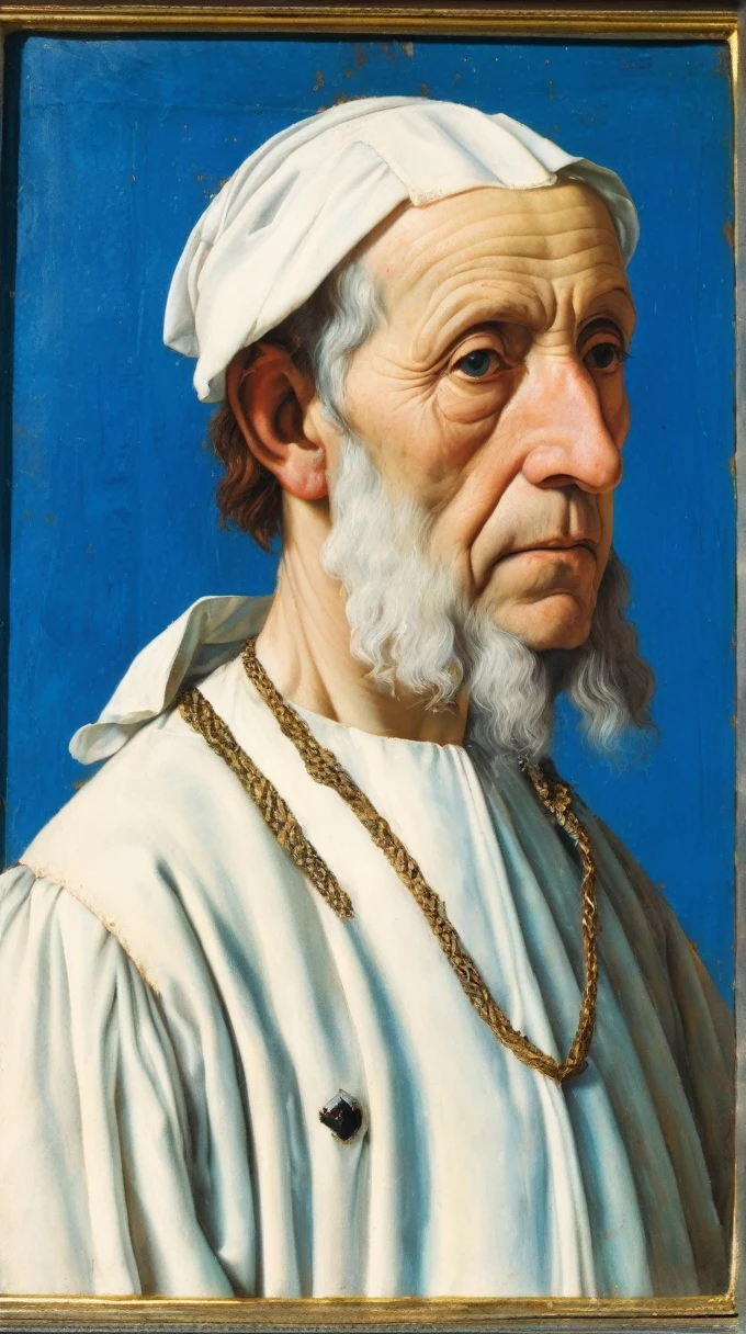 Portrait of a poorly dressed old man in white with blue background in the style of Giovanni Bellini. In the appearance of the dux Leonardo Loredan, oil and tempera on panel.