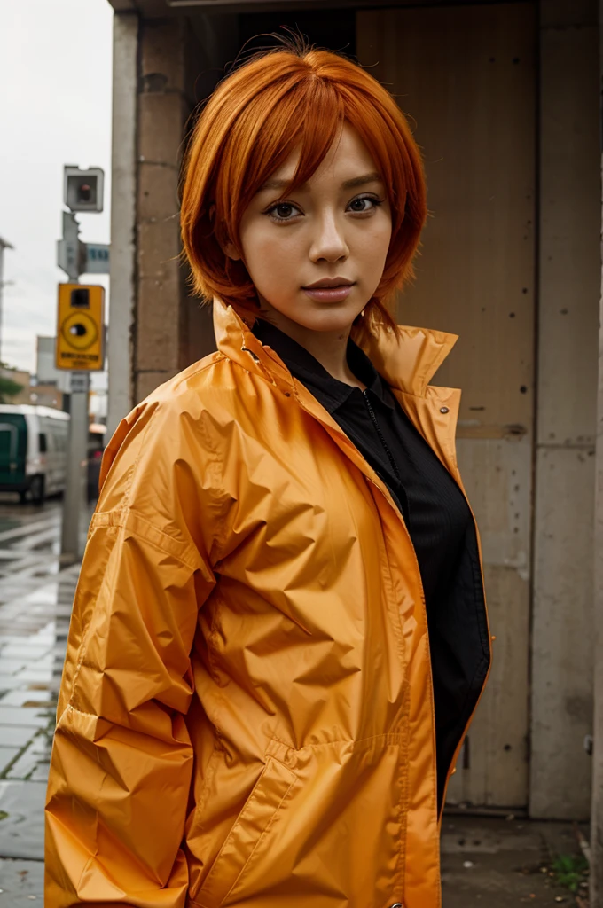 Orange-haired anime character wearing a raincoat