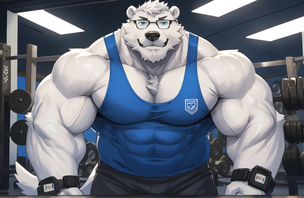 solo, 1boy, Huge Muscular White Polar Bear wearing glasses, huge white fur, pectoral, huge pectoral, wide pectoral, short white hair, blue colored short pants, blue colored wristbands and blue colored tank top, white bearded, white Mustache, white fur, gym background, masterpiece, high detailed, 8k, high resolution, at the gym, 200 pushups