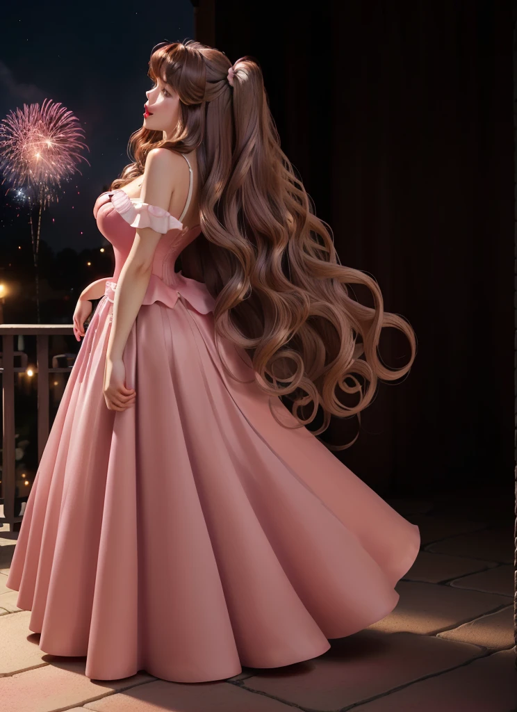 DisneyAurora, 27 years old, full body view Beautiful woman (((long wavy light brown hair, two side up with bangs))) defined body, sexy, cherry red lipstick, arms by her sides, hands free, mouth slightly open, standing facing camera ((( pink dress, long skirt))), on a patio surrounded by fireworks exploding in the sky in the background, night (huge_breasts:1.1) (curvy:1.1)