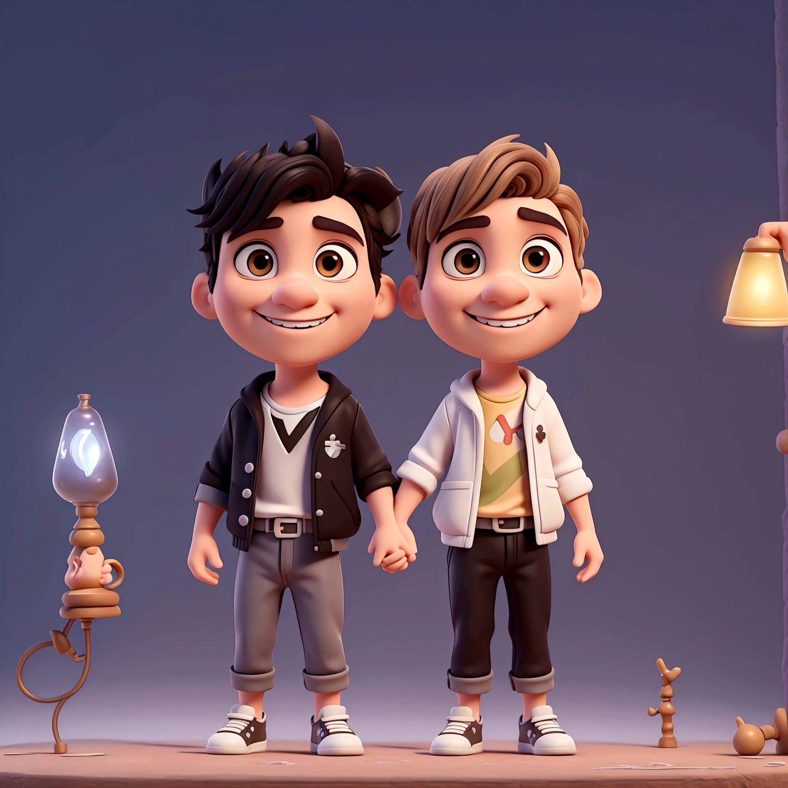 (work of art, best qualityer, 8K, sharp focus, Depth of field, better shadows, perfect lights, hdr, disney pixar skin texture, hyper detailed background) 3d character couple, boy, 22 years old, tall black hair, no beard, black clothes and white sneakers, 19 years old with light brown and blonde hair wearing black clothes with white sneakers, together smiling, hugging, image background a modern house