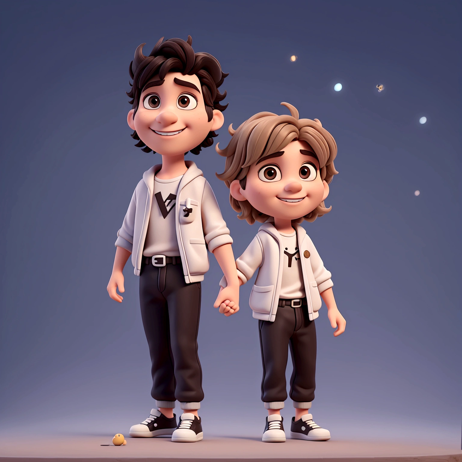 (work of art, best qualityer, 8K, sharp focus, Depth of field, better shadows, perfect lights, hdr, disney pixar skin texture, hyper detailed background) 3d character couple, boy, 22 years old, tall black hair, no beard, black clothes and white sneakers, 19 years old with light brown and blonde hair wearing black clothes with white sneakers, together smiling, hugging, image background a modern house
