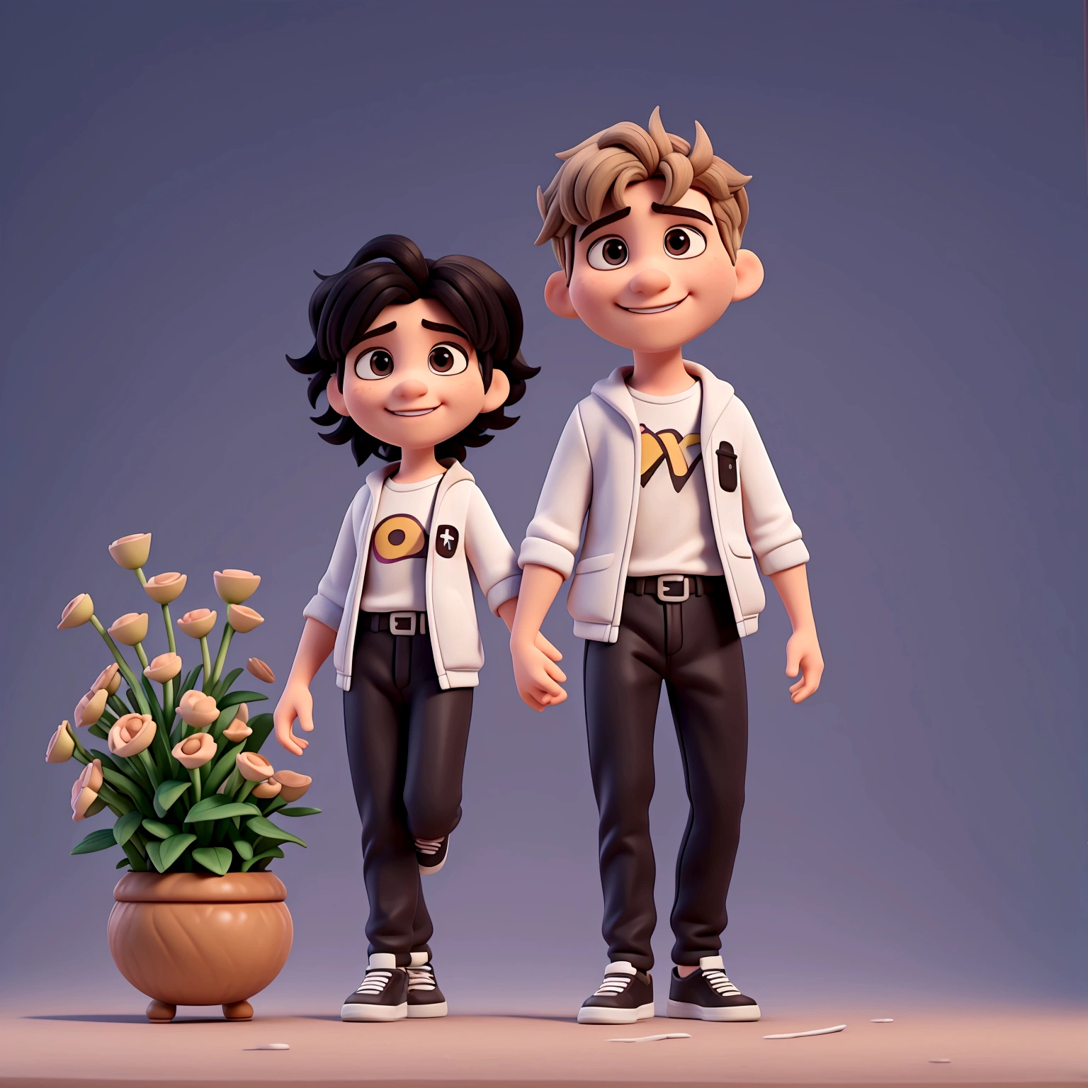 (work of art, best qualityer, 8K, sharp focus, Depth of field, better shadows, perfect lights, hdr, disney pixar skin texture, hyper detailed background) 3d character couple, boy, 22 years old, tall black hair, no beard, black clothes and white sneakers, 19 years old with light brown and blonde hair wearing black clothes with white sneakers, together smiling, hugging, image background a modern house