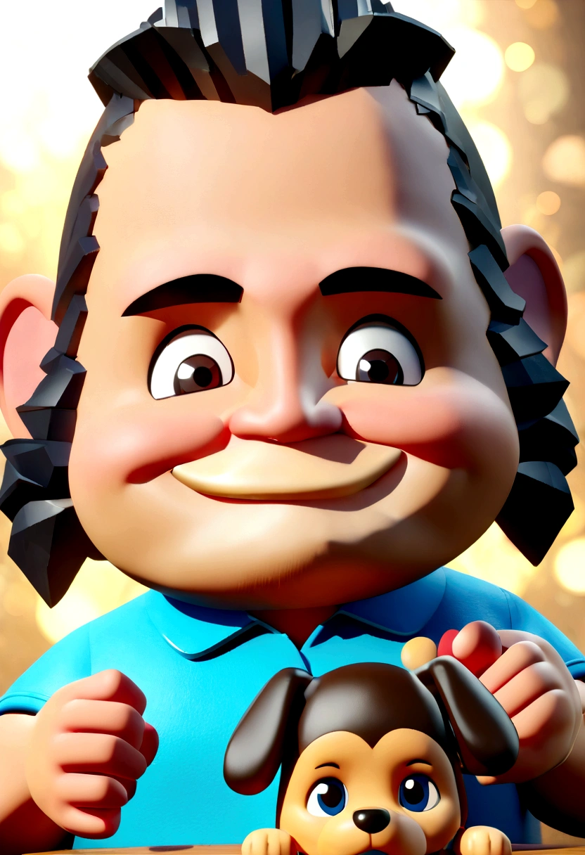 Cartoon character of a man in blue polo shirt, chubby guy with black hair that is lightly shaved on the sides, with bangs thrown to the side but not too long, eyes browns, short and clean beard, with a caramel dog on your lap, straight smile with thin lips, animation character, stylized character, animation style rendering, 3d stylized, Arnold Maya rendering, Stylized 3D rendering, toon render screenshot, 3d character, 3d character, Stylized 3D rendering, 3D character rendering, cartoon character, Funnily character, character posing, (Pixar-style) (master part:1.2) (bokeh) (best qualityer) (skin detailed) (detailed texture) (8K) (Argilla) (cinematic lighting) (sharp focus) (personagem disney) (cartoon effect)