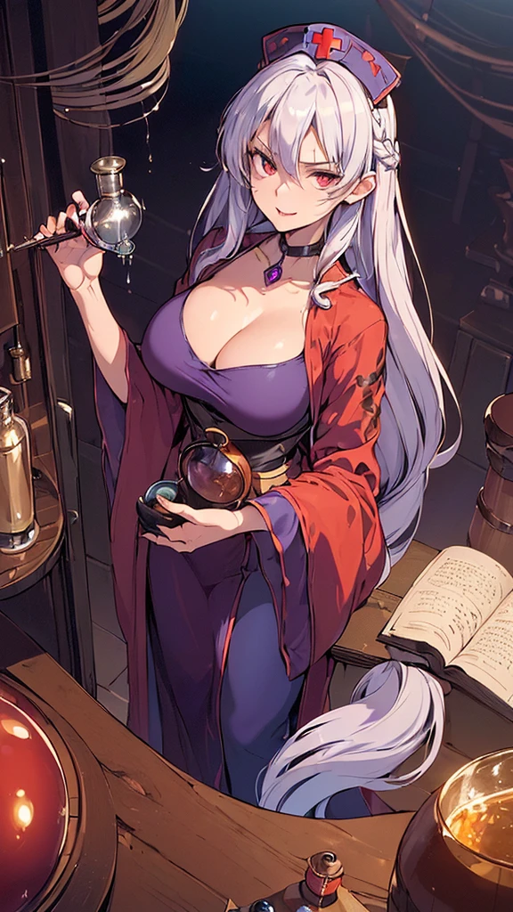 (masterpiece, best quality:1.3), (cinematic angle:1.3), Yagokoro Eirin, Touhou Series, perfect face, expressive eyes, 1woman, looking at viewer, 38 years old, gorgeous body, big breast, beautiful, anime, lora,1woman, silver hair, braid hair, nurse cap, red and blue clothes, long skirt, (evil look, looks down on viewer:1.5), (cinematic lighting, realistic, dream-like, enchanting atmosphere:1.3), (photo of a woman in her dark and mysterious environment:1.3), (the woman surrounded by an aura of mystery and intrigue:1.3), (a dark and mysterious laboratory decorated with many flasks, each filled with colorful liquids:2.0), (a table before Eirin decorated with flask, spread out in mysterious shapes:2.0), (she is full of joy in making new discoveries:1.5), (many books nearby, adding to the mystical setting:1.5), (a hint of incense in the air, adding to the sensory experience:1.3), 