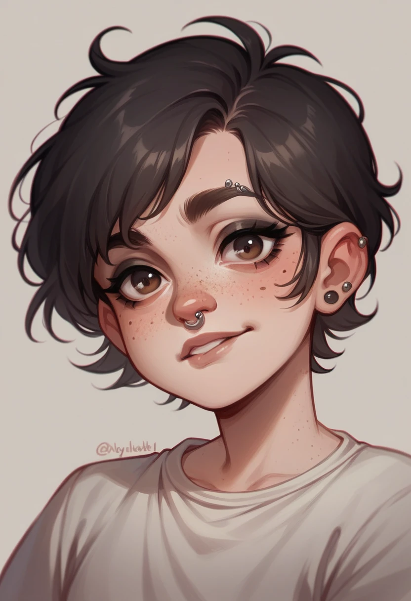 make me a pale blythe doll with short hair and dark hair, big brown eyes and black eyeliner, who has a piercing in his eyebrow and lip, freckles on the nose