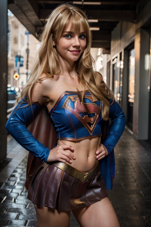 1 girl ((dressed as supergirl)),beautiful pretty Realistic supermodel,(blue eyes),(She is smiling),perfect face,split lips,(Best quality, 8k, Masterpiece: 1.3), perfect hands, clear focus : 1.2, perfect body beauty: 1.4, slim abdomen: 1.2, highly detailed face and skin texture, detailed eyes, (long blonde hair with bangs: 1.3) standing, full body, dynamic pose, (in a well-lit city)