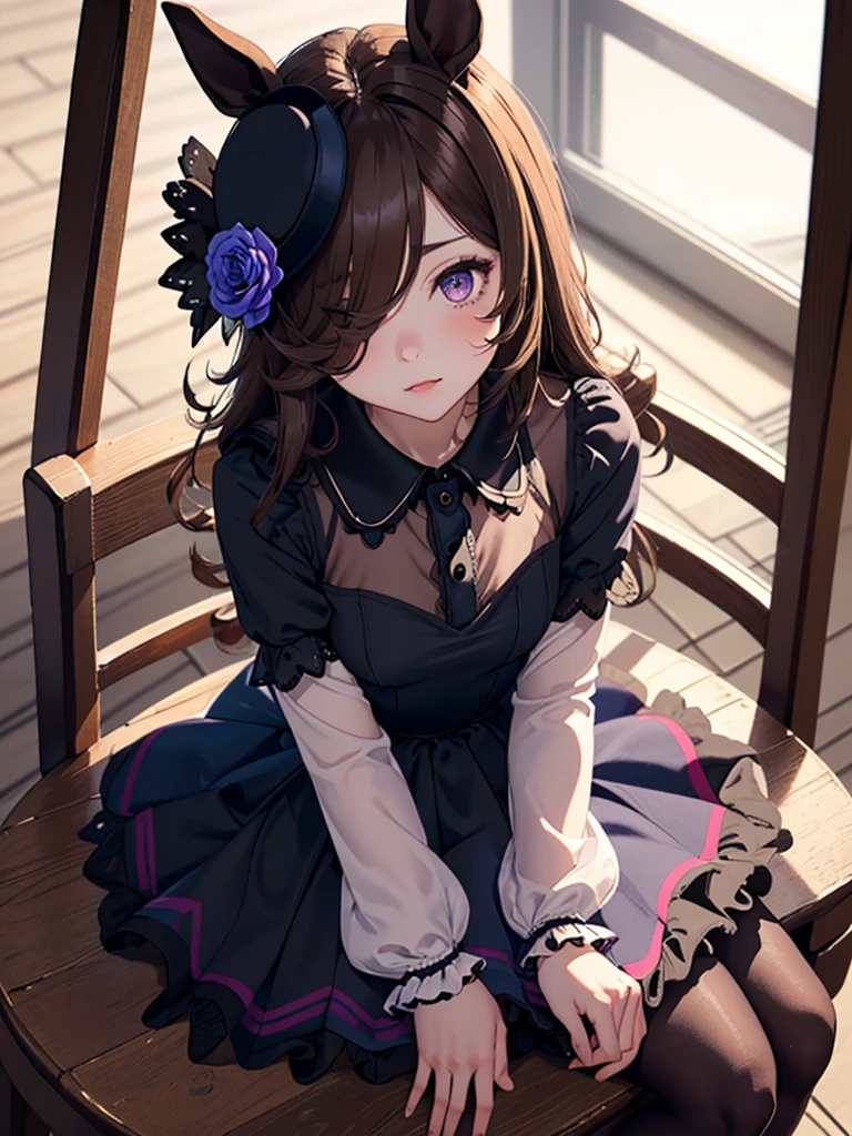 r1cesh0wer, 1 girl, Solo, sitting on the chair, horse tail, horse girl, purple eyes, hair over one eye, hat flower, (((collared dress, light brown dress:1.5, frilled dress, puffy sleeves, black pantyhose, loafers))),