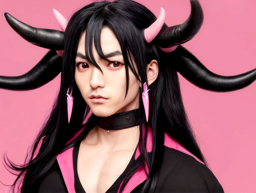 アニメ, man with long black hair, with horns , pink and gas coat, lindo menino demon japonês, oni horns, demon