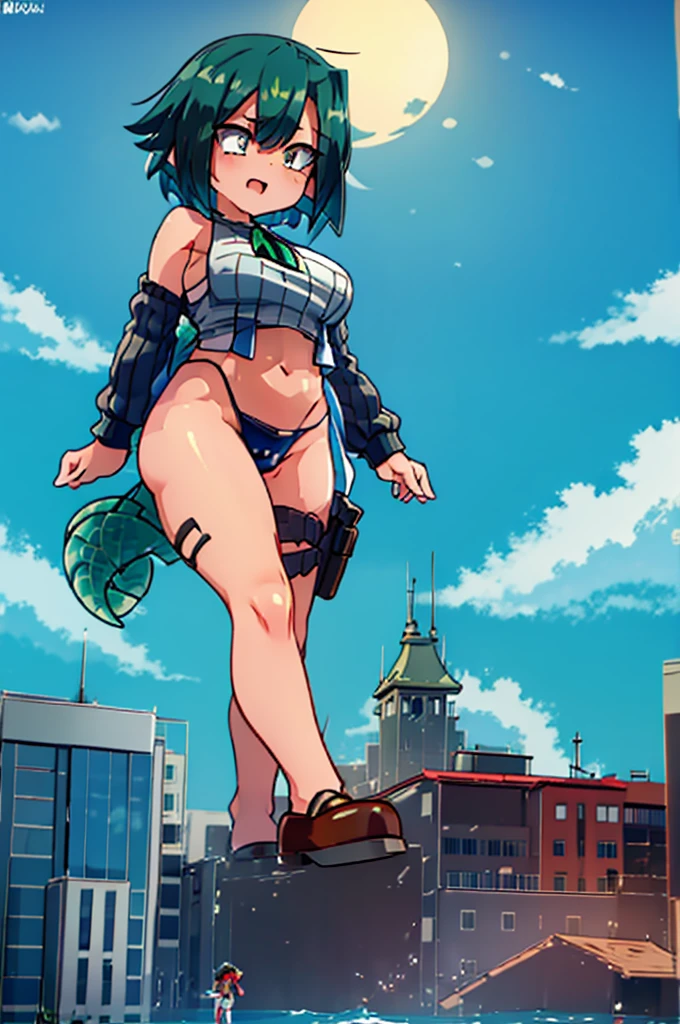 3d render, godzilla chan, reptile tail, giantess, towering over a city, massive breasts, green short hair, golden eyes, on a street, massive oversized breast, tank top, giantess bumping a building