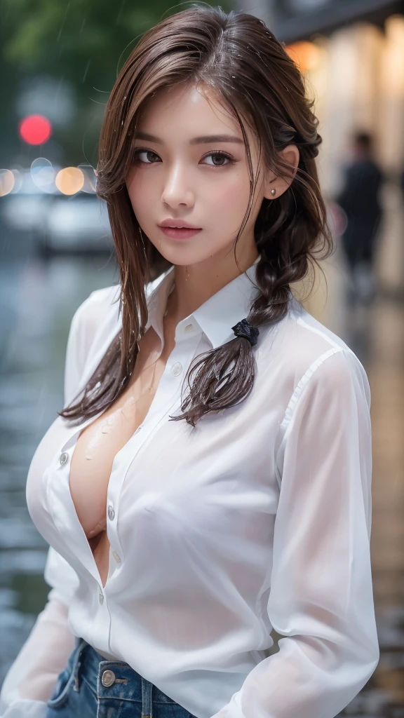 ((Highest quality, 8K, masterpiece: 1.3)), sharp: 1.2, Perfect Body Beauty: 1.4, Slim Abs: 1.2, ((Layered Hairstyles, Big Breasts: 1.2)), (Wet White Button Long Shirt: 1.1), (rain, street: 1.2), Wet: 1.5, Highly detailed face and skin texture, Fine grain, double eyelid, Profile looking at the camera、tits