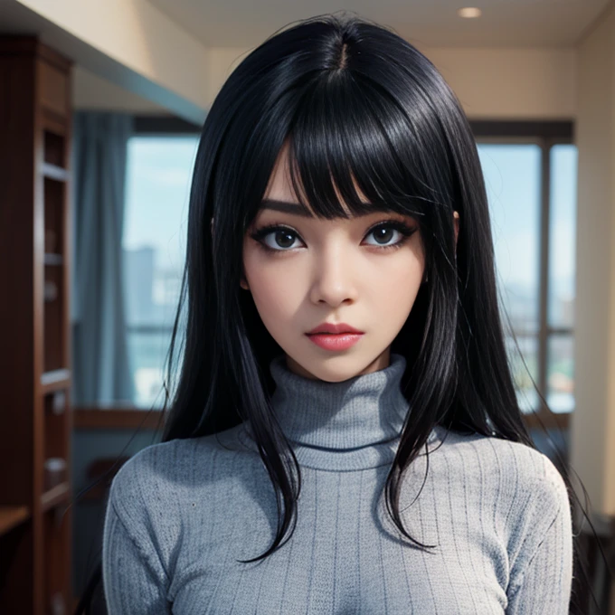 anime girl with short black hair and blue eyes. staring at the camera, she has black hair with bangs, 1 7 - year - gothic, with black hair, black hair and blue eyes., woman wearing a black turtleneck sweater, sensual lips, raven black hair, beautiful anime, black hime cropped fur