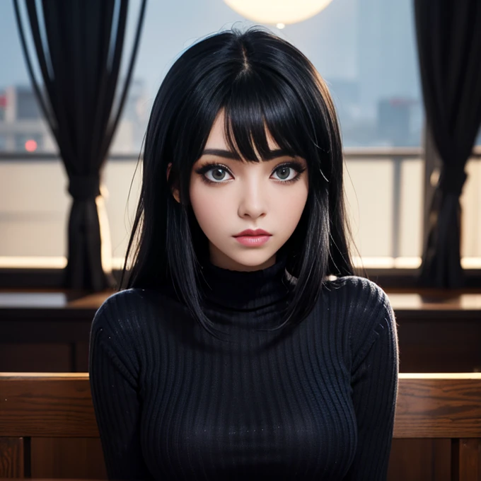 anime girl with short black hair and blue eyes. staring at the camera, she has black hair with bangs, 1 7 -  - gothic, with black hair, black hair and blue eyes., woman wearing a black turtleneck sweater, sensual lips, raven black hair, beautiful anime, black hime cropped fur