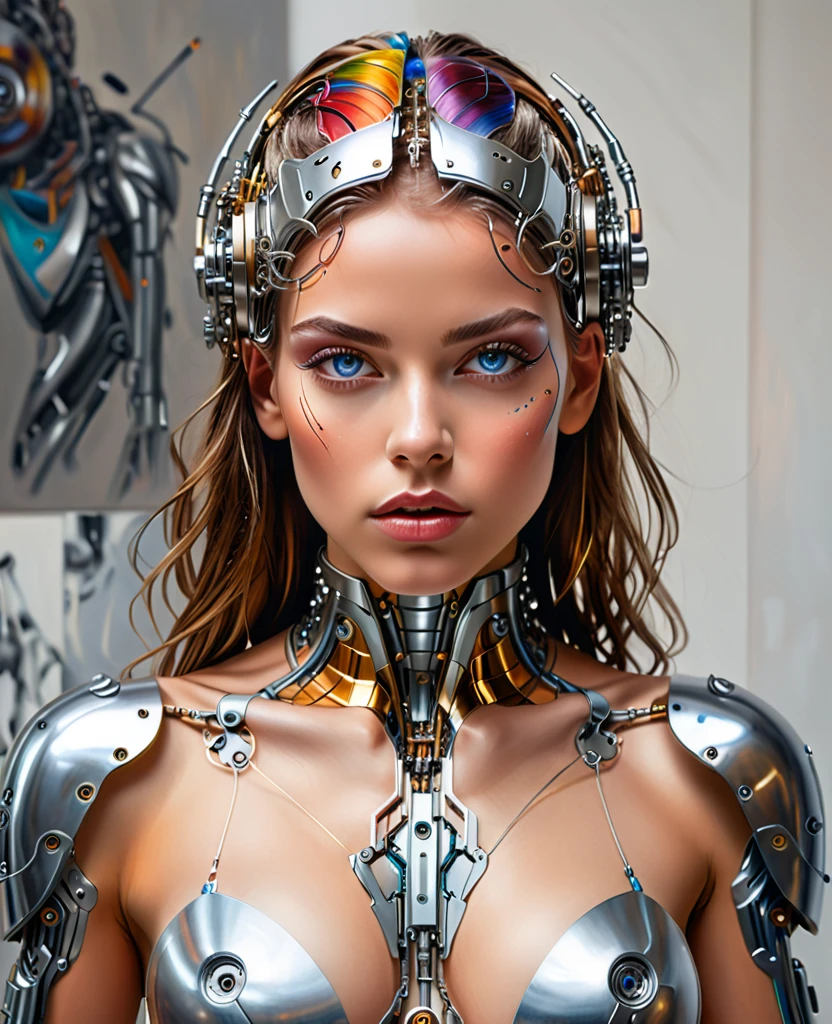 A cyborg girl stands in the center of a large bright studio and is engaged in creating her self-portrait on canvas. She is depicted in all her majestic beauty and elegance. Her metallic skin reflects the light, creating a play of hues and highlights like an expensive piece of jewelry.
Her long metal hair frames her face, giving her a mysterious and alluring look. Her bright eyes, in which light shimmers, stare straight ahead with confidence and the strain of creative inspiration.
The cyborg girl is depicted in a graceful pose, showing off her grace and strength as well as the fine workings of her mechanical limbs. Her hands hold brushes and are immersed in the creative process of creating a stunning work of art.
The outline of the self-portrait she is creating with oil paints is already outlined on the canvas. The drawing begins to come to life under her dexterous fingers, gaining depth and volume, and the coating of color fills the canvas with bright hues and rich colors.
This entire moment is captured in a gorgeous and amazing scenario that combines the beauty of art, power and technological advancement to make the cyborg girl a unique and inspiring image. beautiful shiny smooth, high quality, best quality, absurdres, masterpiece, beautiful, intricate details, 1/2 body crop, slim body, beautiful figure, magnificent anatomy, (intricate details:1.12), HDR, (intricate details, hyper-detailing:1.15), (natural skin textures, hyper realisitc, soft light, Sharp:1.2)