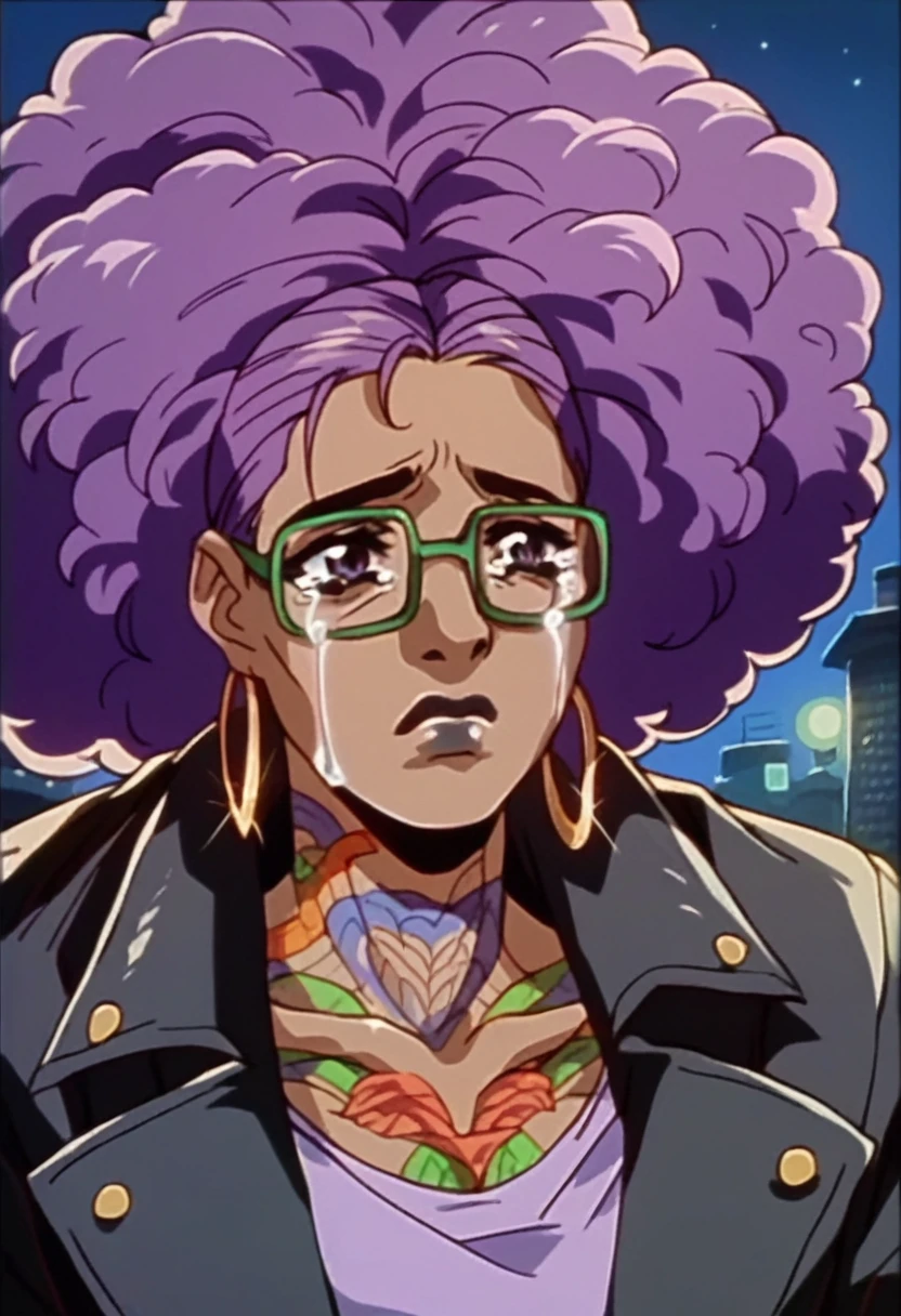 beautyful brown woman, brown skin, black skin, huge full afro purple hair, black lipstick, full lips, purple top, purple eyes, black motorcyclist jacket, hoop earring, green glasses, dragon tattoo, night, sad, crying
