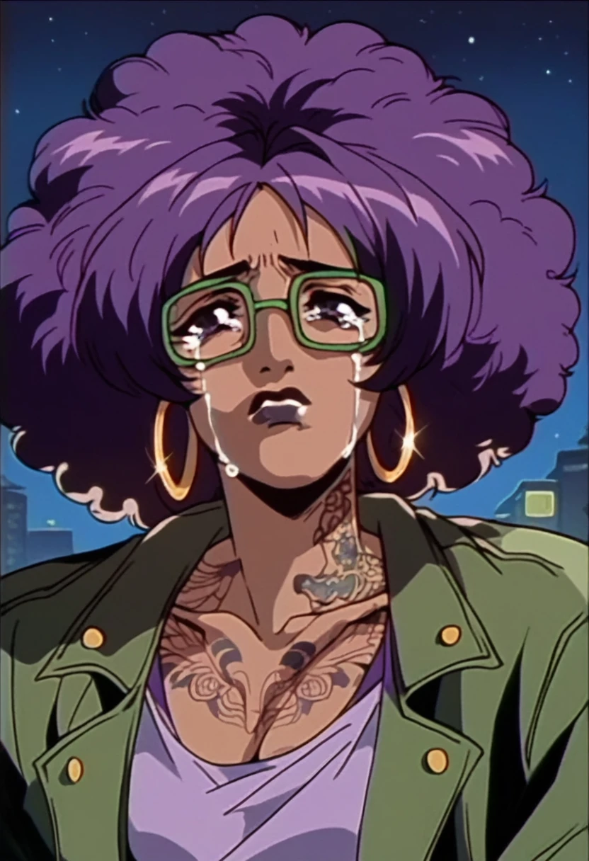 beautyful brown woman, brown skin, black skin, huge full afro purple hair, black lipstick, full lips, purple top, purple eyes, black motorcyclist jacket, hoop earring, green glasses, dragon tattoo, night, sad, crying
