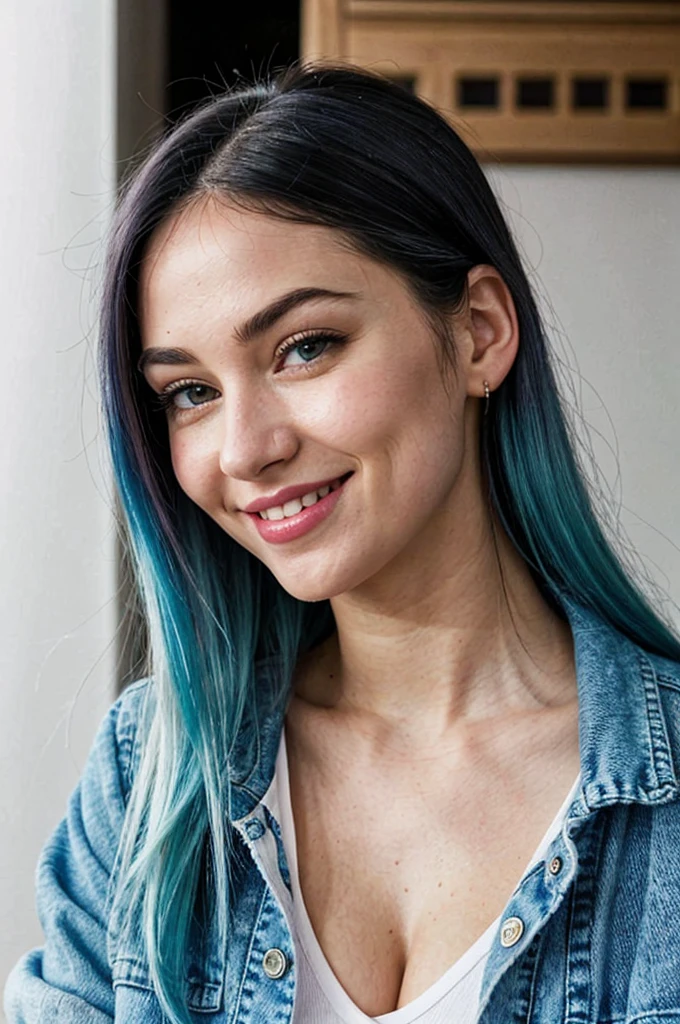 A young woman with an infectious grin stands confidently. Her oval face is framed by long, straight blue hair, parted in the middle. Warm light bathes her light-toned skin, highlighting her arched eyebrows and the playful glint in her large, almond-shaped green eyes. Long, dark lashes flutter as she winks. A small, straight nose sits above full lips, painted a soft pink. Her tied black bra peeks out from under a denim jacket, while ripped jeans hug her toned figure. White sneakers complete her casual look.
Her personality is a fascinating paradox. While she exudes an innocent charm, a hint of mischief dances in her eyes. You get the feeling she's equal parts sweetness and surprise.
