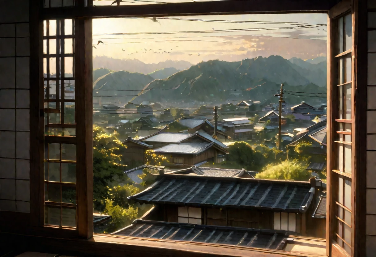 Early morning sky seen from traditional Japanese house window, power lines, birds chirping, serene atmosphere, soft lighting, detailed, photorealistic, high definition