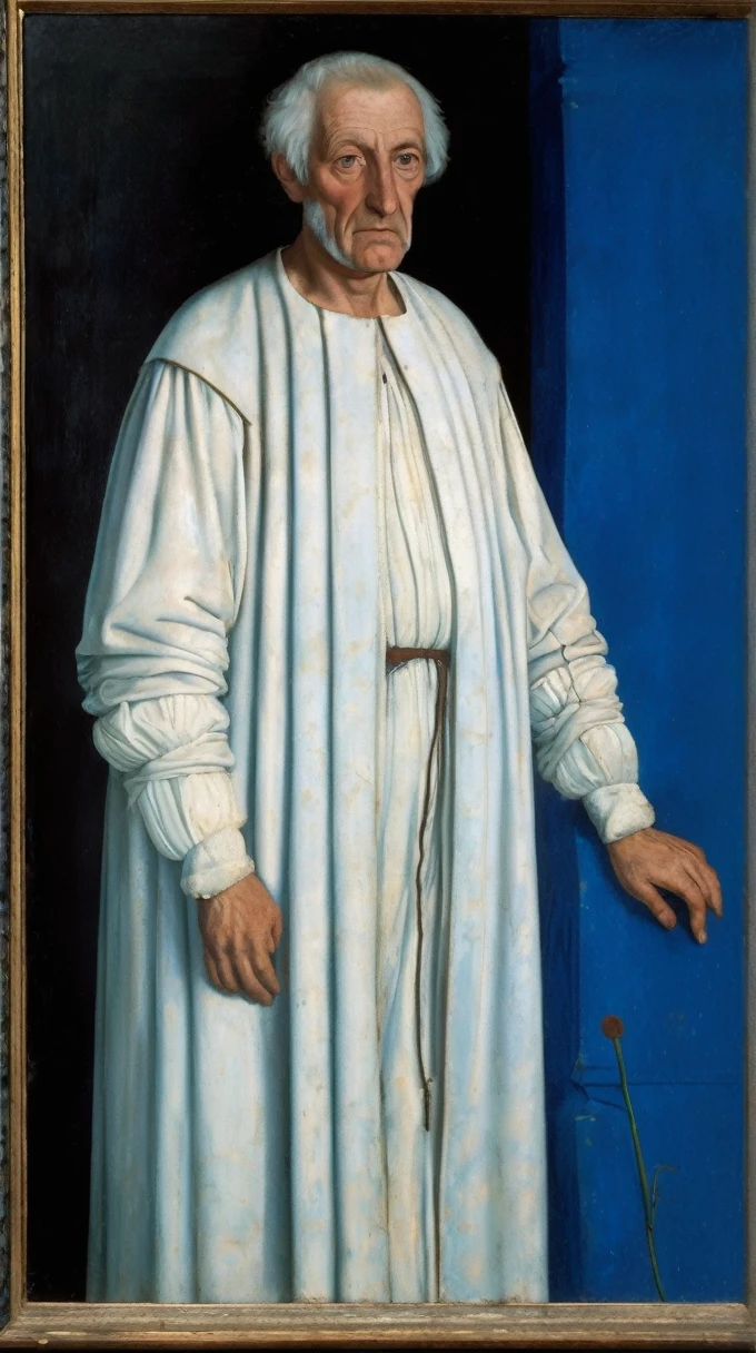 Portrait of a poorly dressed old man in white with blue background in the style of Giovanni Bellini. In the appearance of the dux Leonardo Loredan, oil and tempera on panel. Y la atmosfera se llena de moscas.