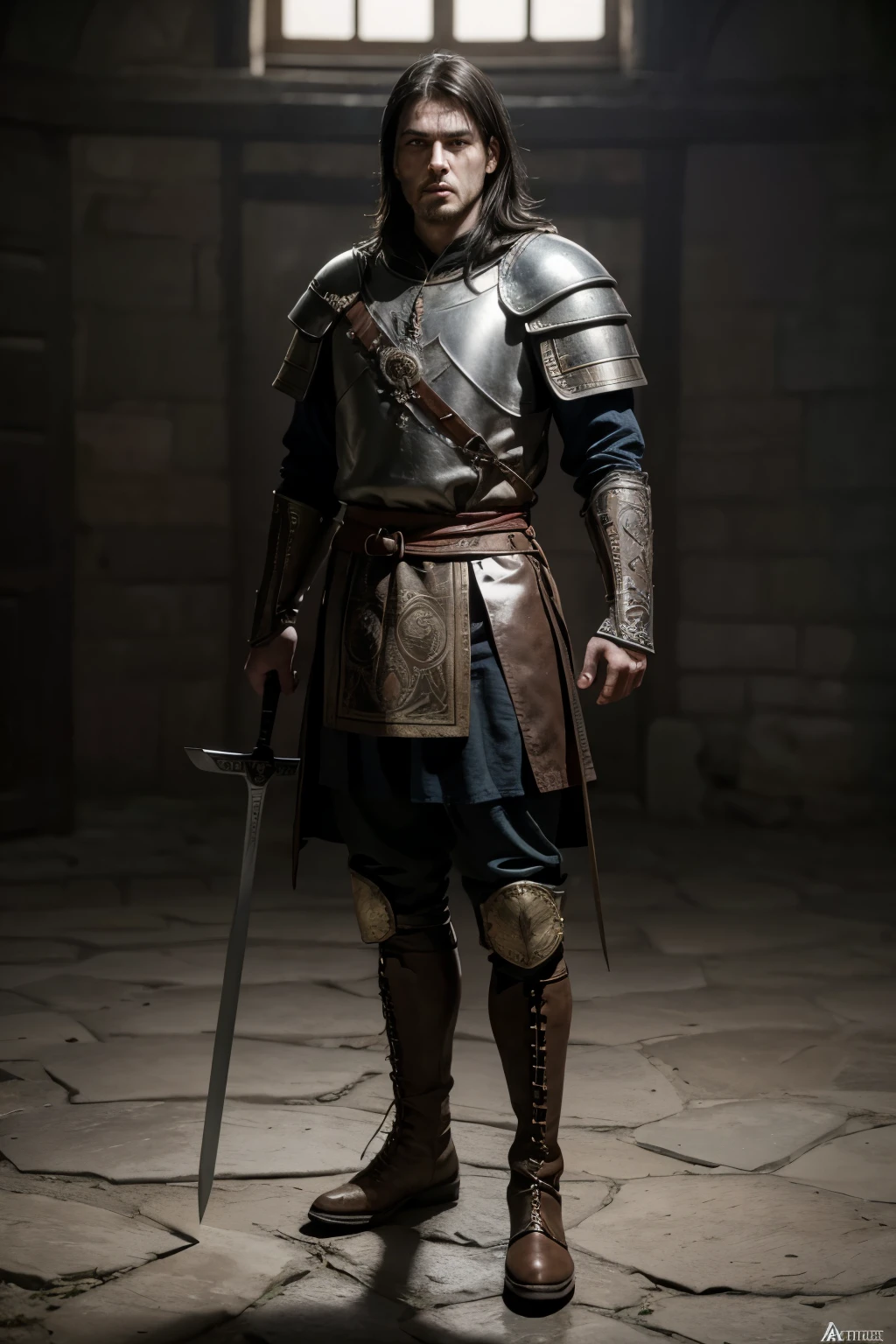 1 men, warrior photo from medieval Romania, original sword, shield with your clan symbol, leather boots, volumetric lighting, athletic, best qualityer, fot, details Intricate, tone mapping, sharp focus, hyper detailled, trends on artstation, gazing at viewer, realisitic