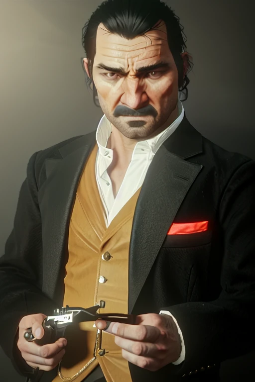 DutchRDR, 1boy, male focus, facial hair, solo, red background, black hair, shirt, beard, formal, jacket, holding, suit, knife, necktie, white shirt, black jacket, scar, looking at viewer, blood, mustache, long sleeves, collared shirt, manly, tattoo, closed mouth, arcane style, 3D, 3d art, 4k, 8 k artistic photography, award-winning photograph, trending on Artstation, Beautiful, 8k resolution, insanely detailed, Intricate, Behance, Cinematic, dramatic atmosphere, cinematic lighting, digital art, dramatic angle, Dramatic light by denis villeneuve, [mix style "pixar and artgerm and dreams work"], Elegant, ethereal lighting, octane render, dynamic lighting, digital painting, extreme plus resolution, fake detail, full image, full of details, global illumination, golden ratio, golden warm light, high contrast, high detail, high res, highly detailed, hyper detailed, intricate details, Masterpiece, perfect composition, photorealistic concept art, Professional, ray tracing, rich deep colors, Saturated, sharp focus, sharp lighting, soft natural volumetric cinematic perfect light, studio photo, studio quality, Stylize, super detail, Symmetry, trending on pixiv fanbox, ultra detail, ultra detailed, unreal engine 5, volumetric lighting
