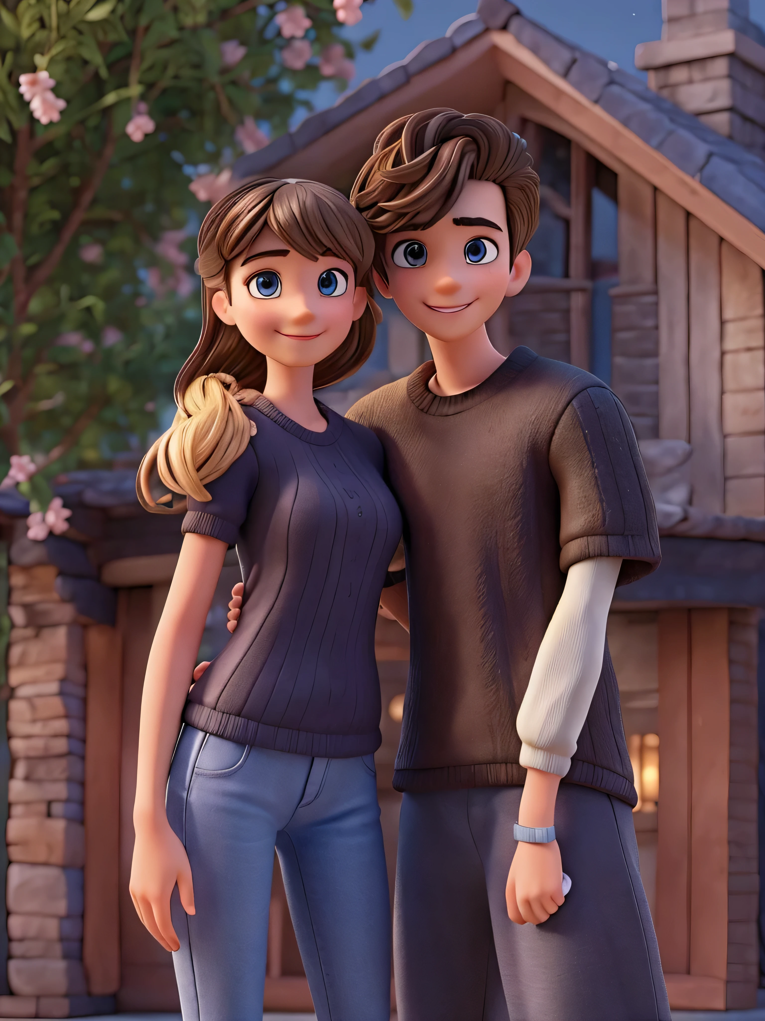(work of art, best qualityer, 8K, sharp focus, Depth of field, better shadows, perfect lights, hdr, disney pixar skin texture, hyper detailed background) 3d character couple, boy, 22 years old, tall black hair, no beard, black clothes and white sneakers, 19 years old with light brown and blonde hair wearing black clothes with white sneakers, together smiling, hugging, image background a modern house